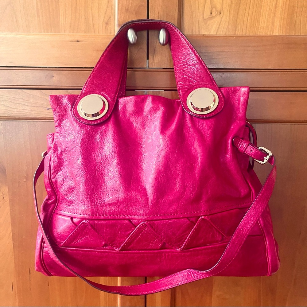 Gustto Genuine Leather Satchel & Shoulder Bag In Dark Burgundy Red Fuchsia Color